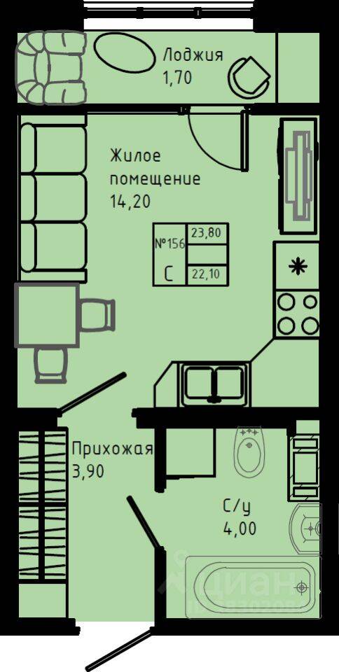 Квартира-студия, 23,8 м², в ЖК Pixel