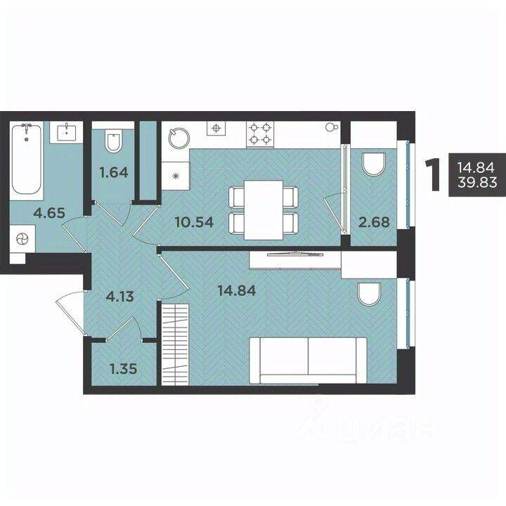Планировка 1 комнатной квартиры, 39.83 м², в «Новокасимово»