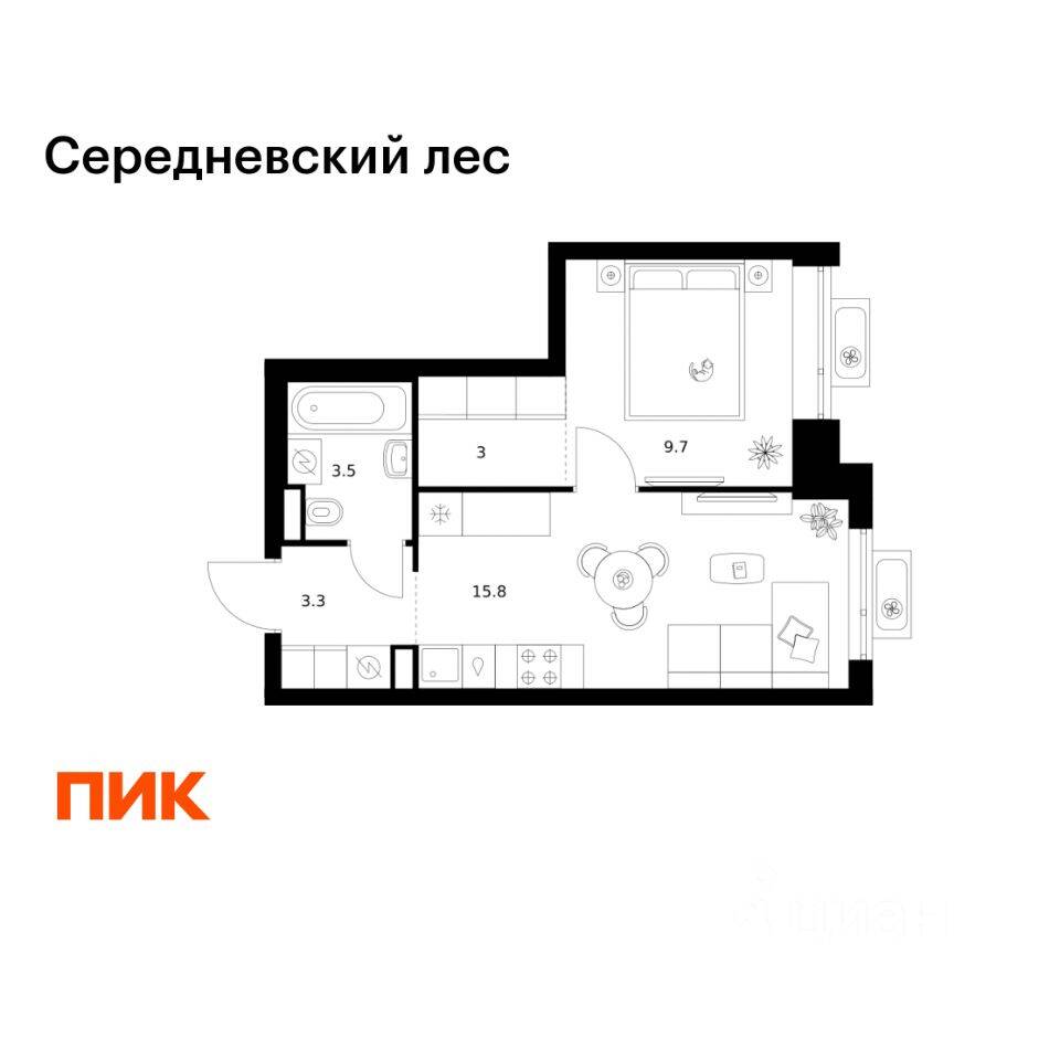 1-комн. квартира, 35,3 м², в ЖК Середневский лес