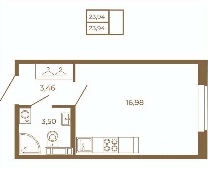 Планировка 1 комнатной квартиры, 23.94 м², в «Новая история»