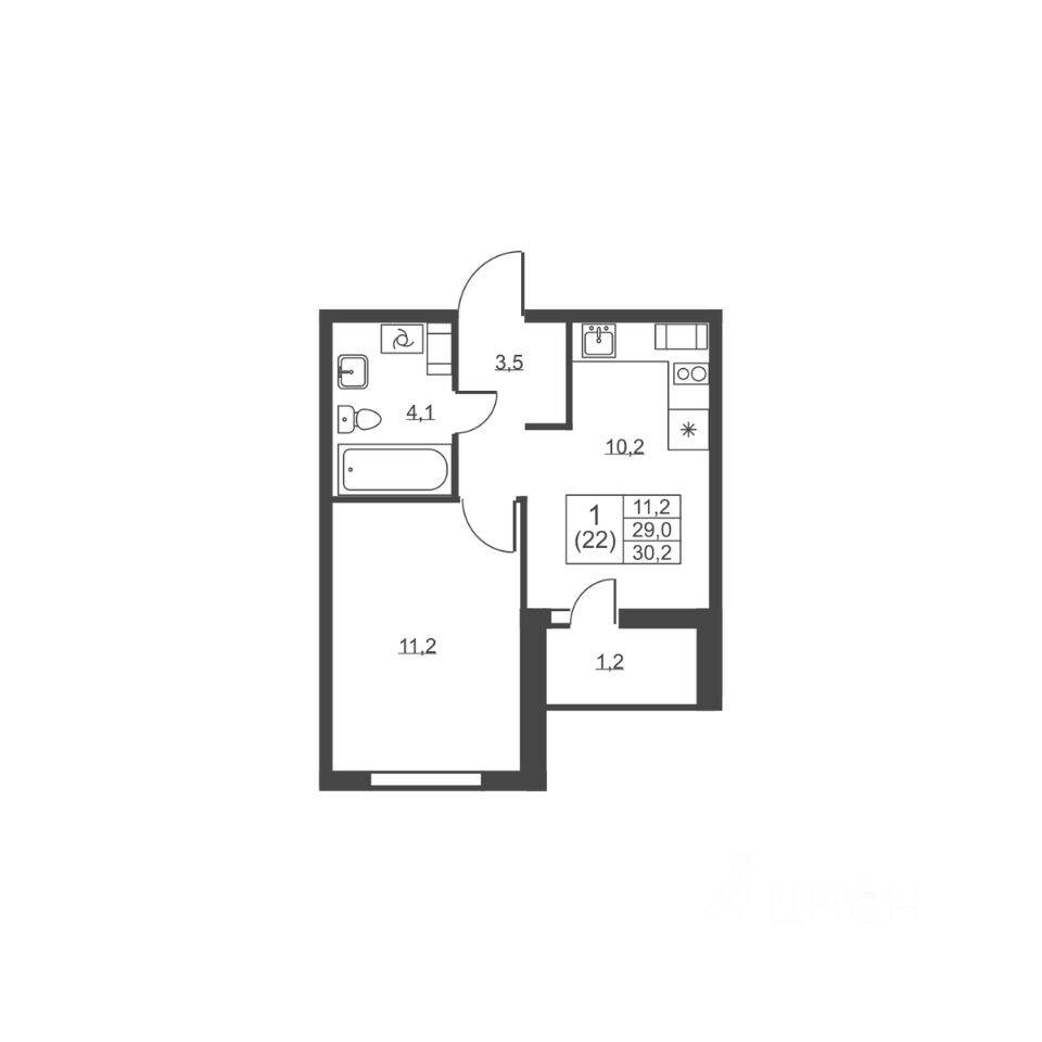 1-комн. квартира, 30,2 м², в ЖК Ермак