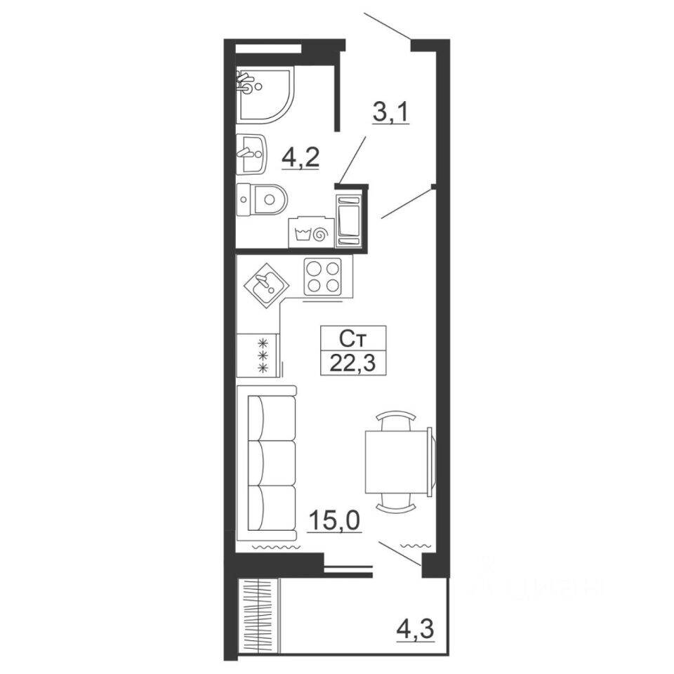 Квартира-студия, 22,3 м², в ЖК Рубеж