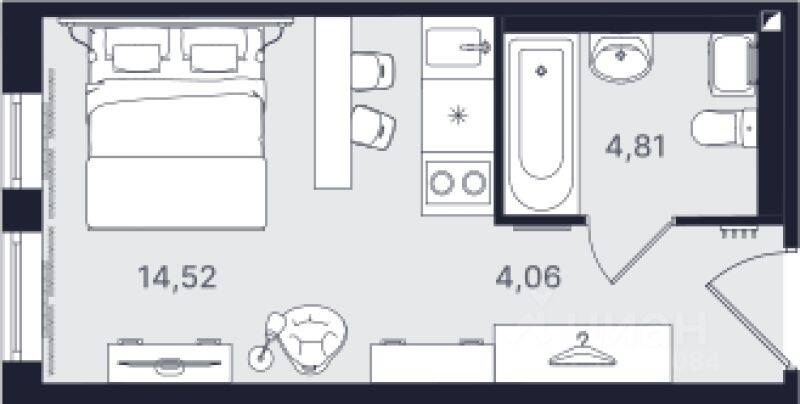 Планировка 1 комнатной квартиры, 23.39 м², в «Про.Молодость (Апартаменты Про.Молодость)»