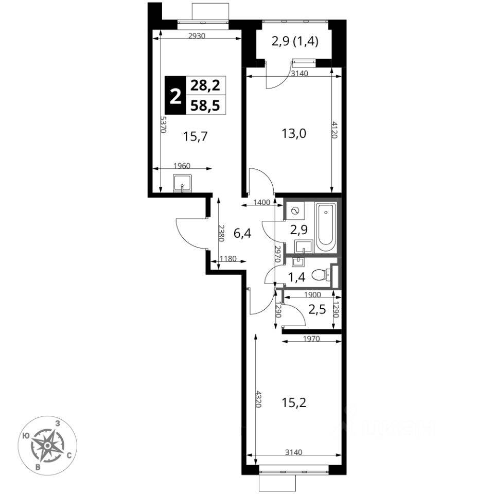 2-комн. квартира, 58,5 м², в ЖК 1-й Донской