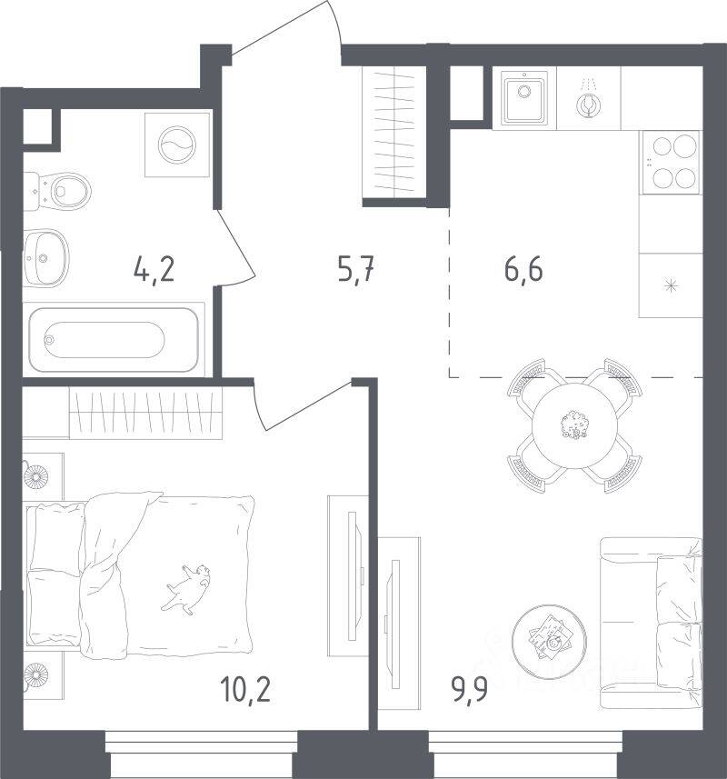 Планировка 1 комнатной квартиры, 36.6 м², в «Ольховый Квартал»
