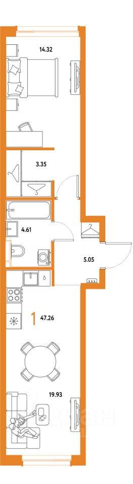 1-комн. квартира, 47,26 м², в ЖК Страна.Парковая