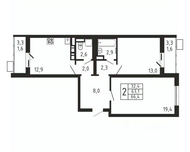 2-комн. квартира, 66,4 м², в ЖК «Пироговская Ривьера»