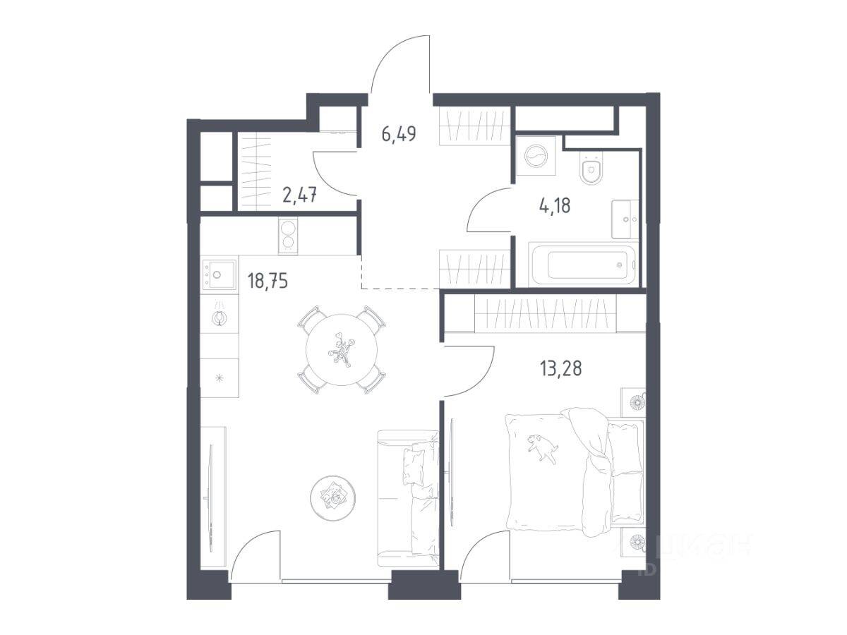 1-комн. квартира, 45,17 м², в ЖК Квартал на воде