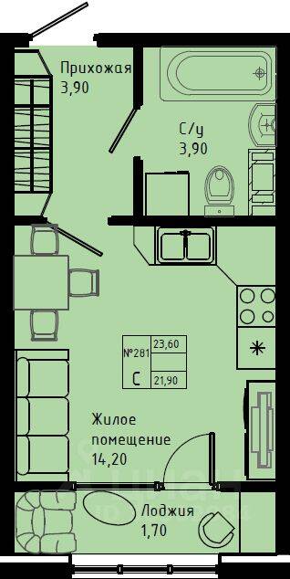 Планировка 1 комнатной квартиры, 23.6 м², в «Pixel»