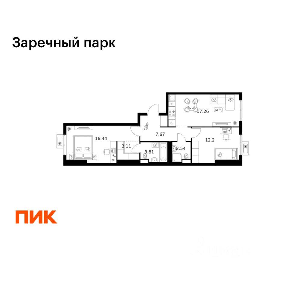 2-комн. квартира, 63,03 м², в ЖК Заречный парк