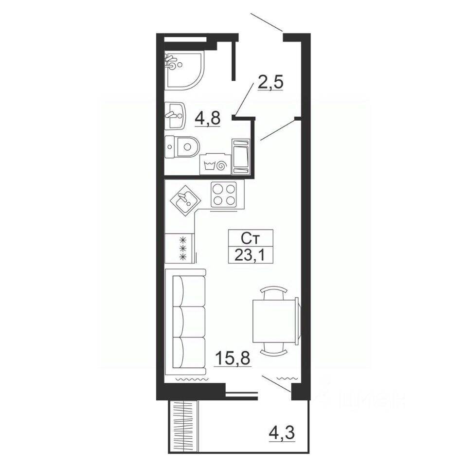 Квартира-студия, 23,1 м², в ЖК Рубеж
