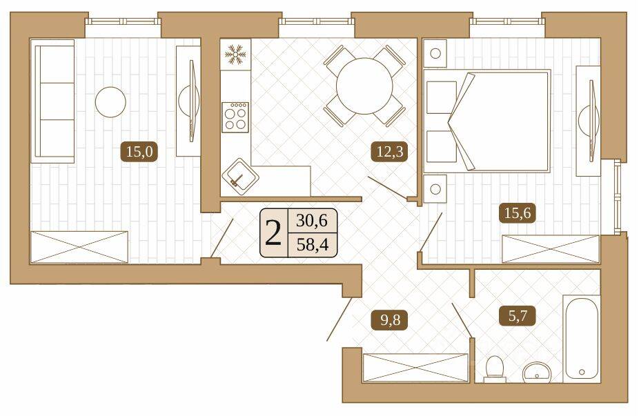 Планировка 2 комнатной квартиры, 58.4 м², в «Белый город (Сергиев Посад)»