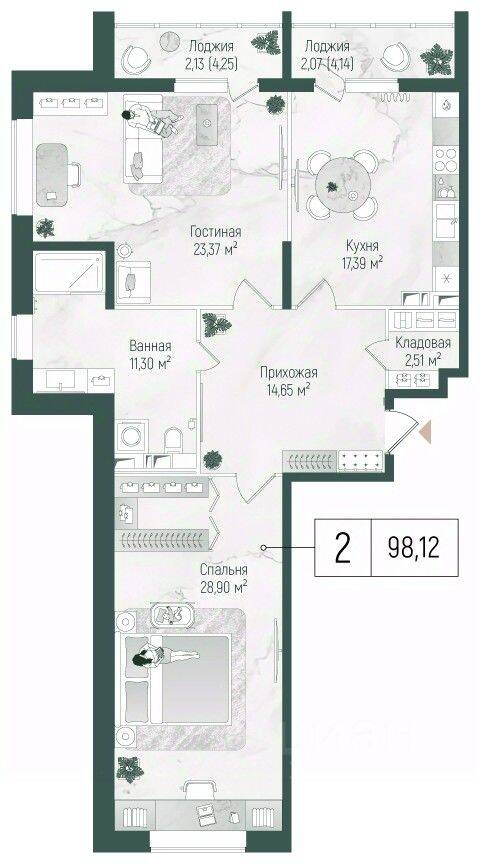 2-комн. квартира, 102,32 м², в ЖК Riga Hills