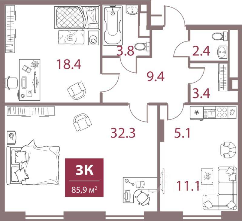 Планировка 3 комнатной квартиры, 85.9 м², в «Legacy»