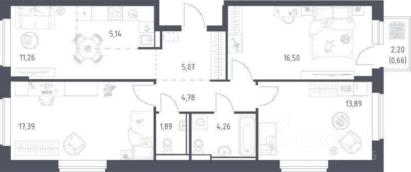 3-комн. квартира, 79,9 м², в ЖК «Пригород Лесное»