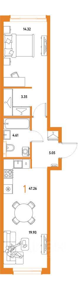 1-комн. квартира, 47,26 м², в ЖК Страна.Парковая