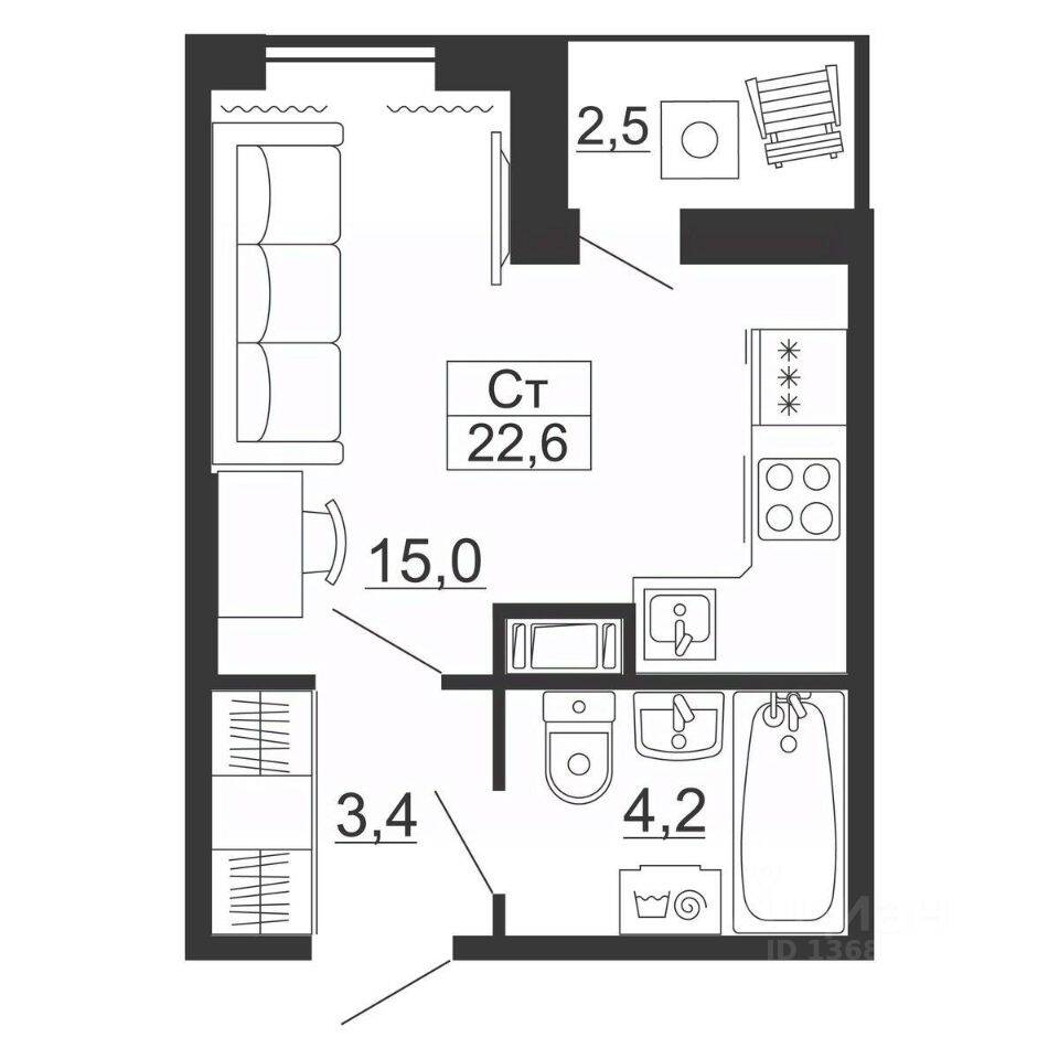 Квартира-студия, 22,6 м², в ЖК Рубеж