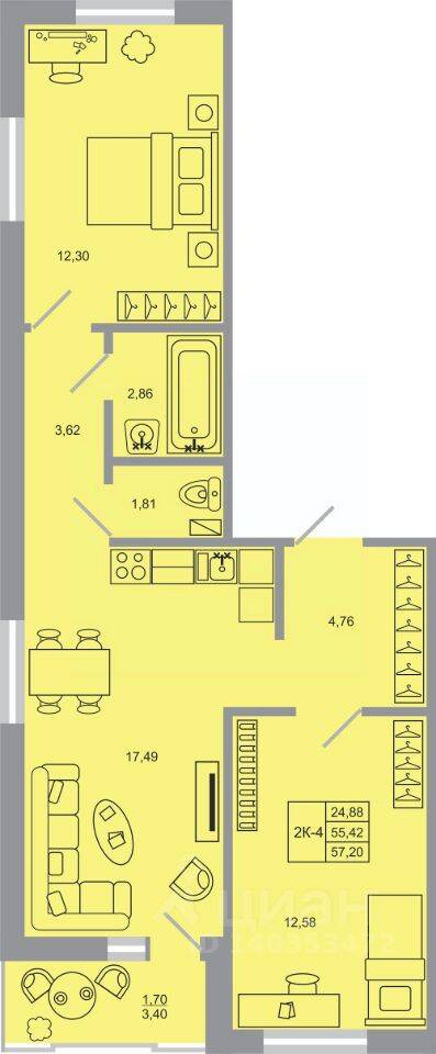 2-комн. квартира, 57,2 м², в ЖК Стороны света-2