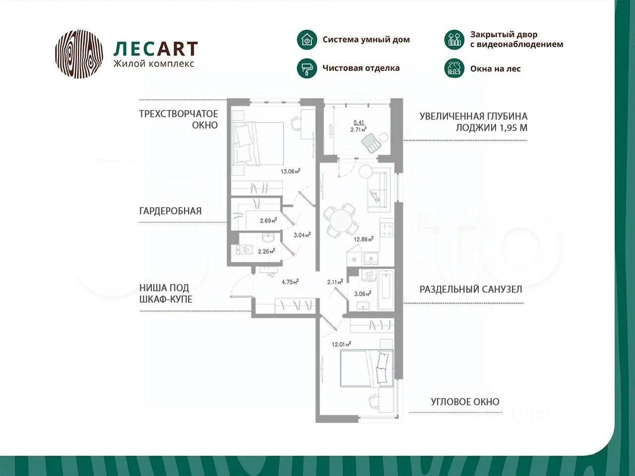2-комн. квартира, 58,55 м², в ЖК ЛесART