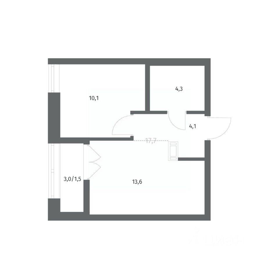 Планировка 1 комнатной квартиры, 33.57 м², в «NEWПИТЕР»