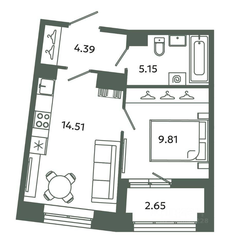1-комн. квартира, 33,86 м², в ЖК Загляденье