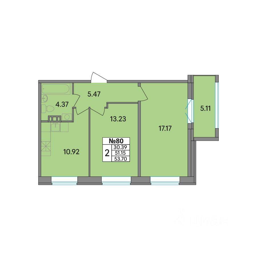 2-комн. квартира, 53,71 м², в ЖК Рождественский квартал