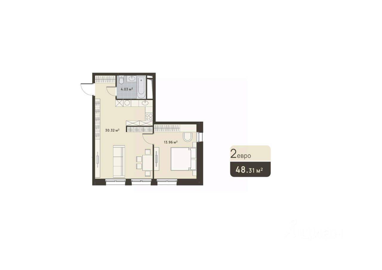 1-комн. квартира, 48,31 м², в ЖК «Дюна»