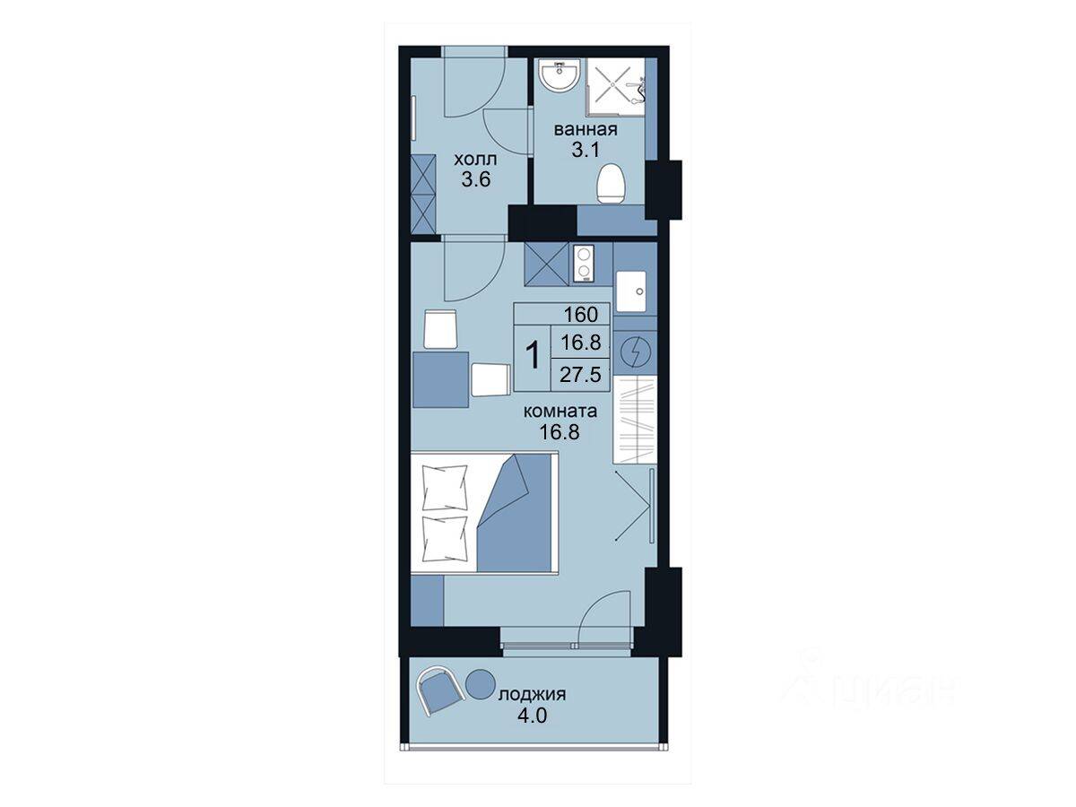 Планировка 1 комнатной квартиры, 27.5 м², в «WINGS апартаменты на Крыленко»