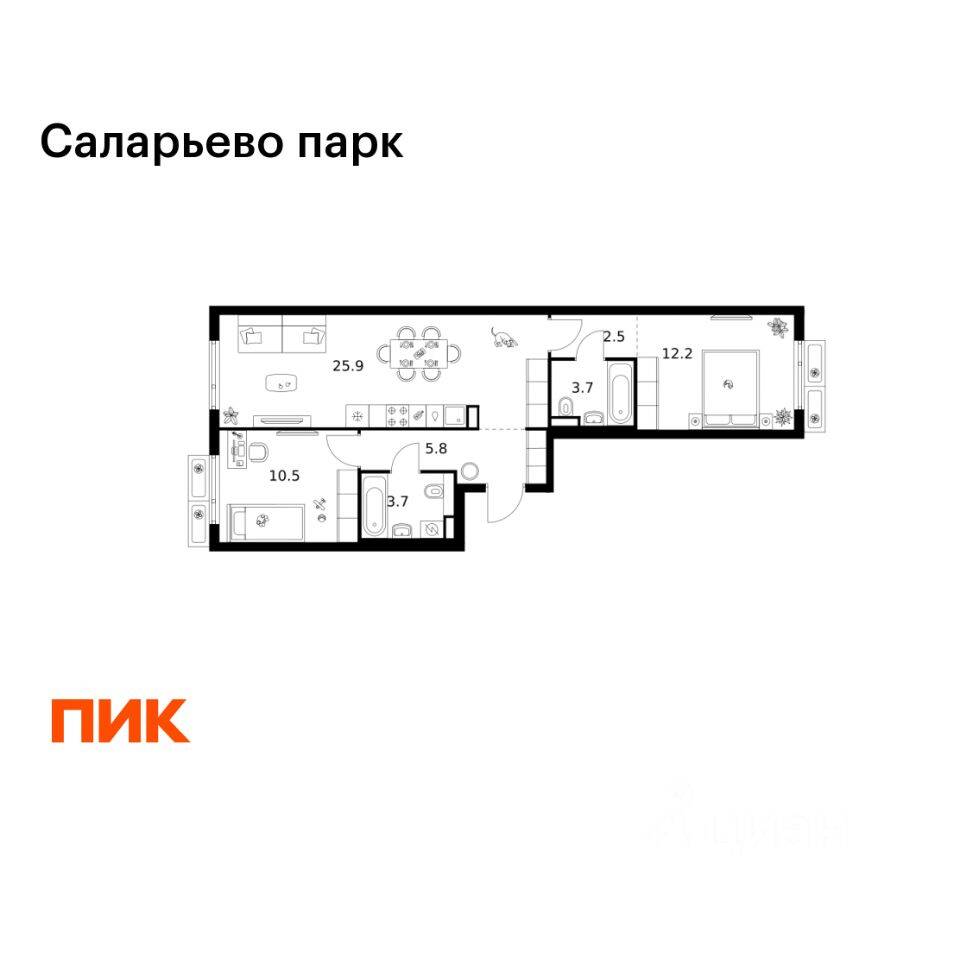 2-комн. квартира, 64,3 м², в ЖК «Саларьево парк»