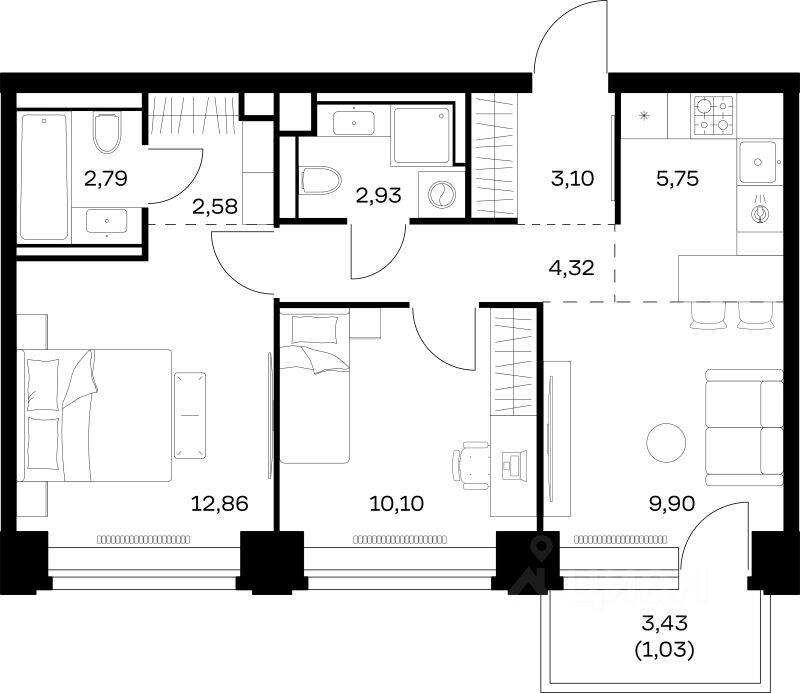2-комн. квартира, 55,36 м², в ЖК Nova