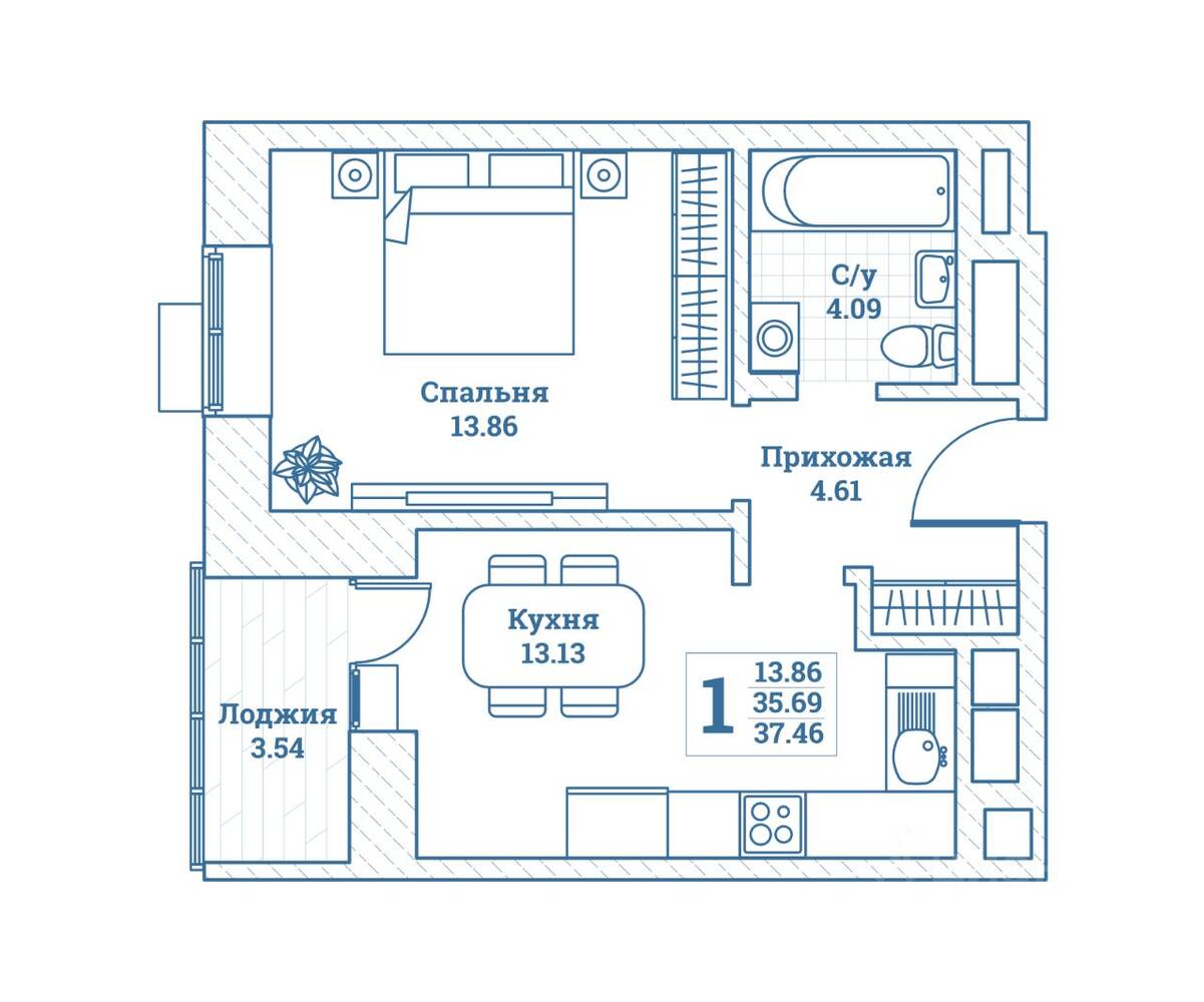 1-комн. квартира, 37,46 м², в ЖК Новоград Монино
