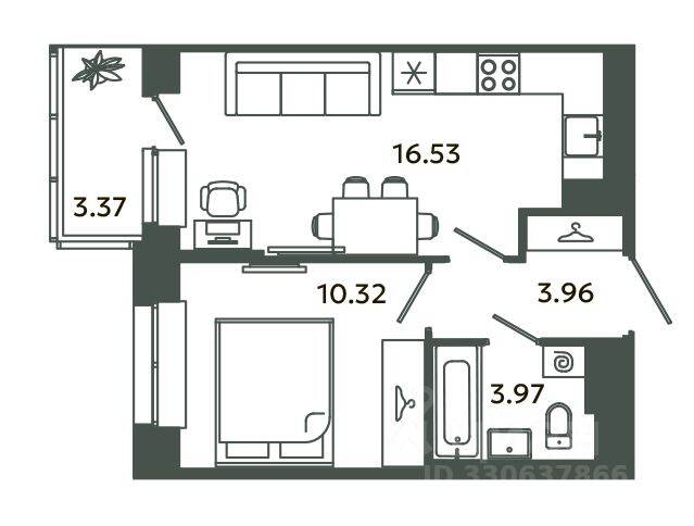 1-комн. квартира, 34,78 м², в ЖК Загляденье