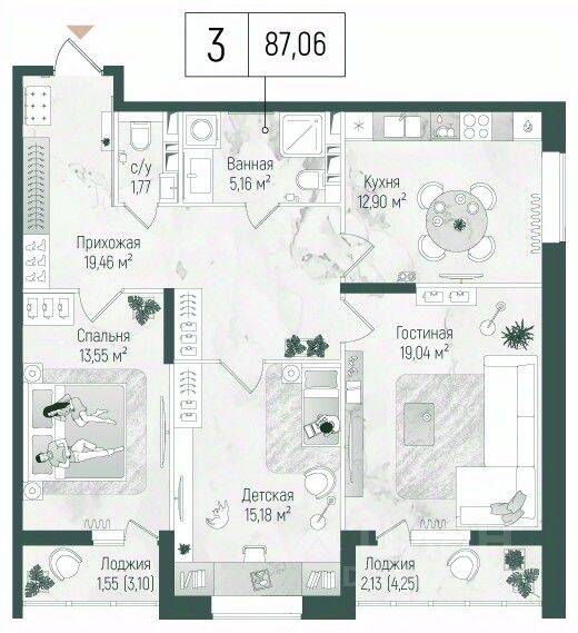 3-комн. квартира, 90,74 м², в ЖК Riga Hills