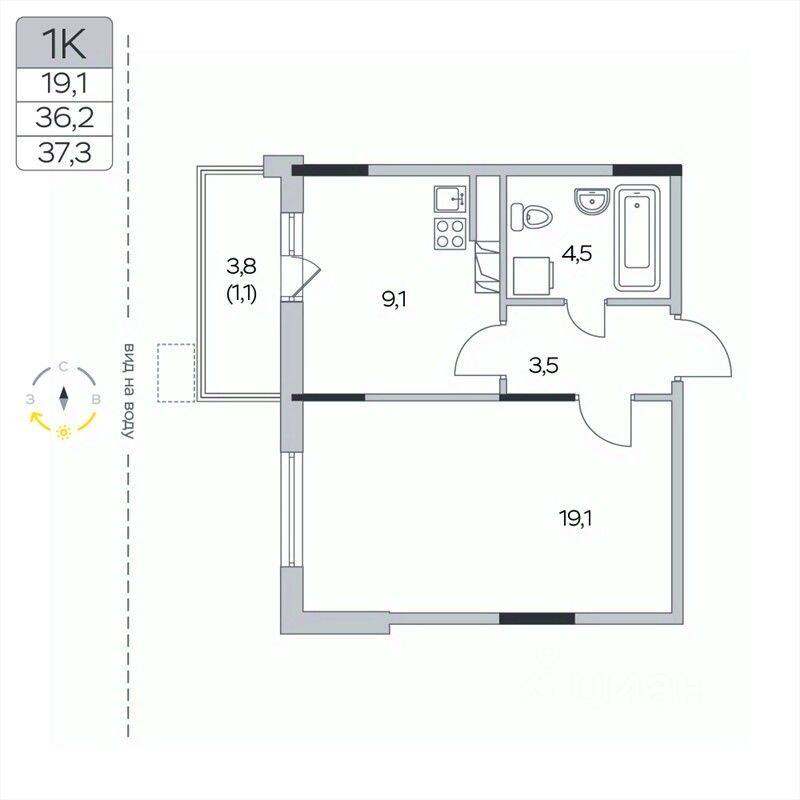 1-комн. квартира, 37,3 м², в ЖК «Пироговская Ривьера»