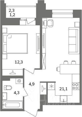 1-комн. квартира, 42,6 м², в ЖК Антверпен