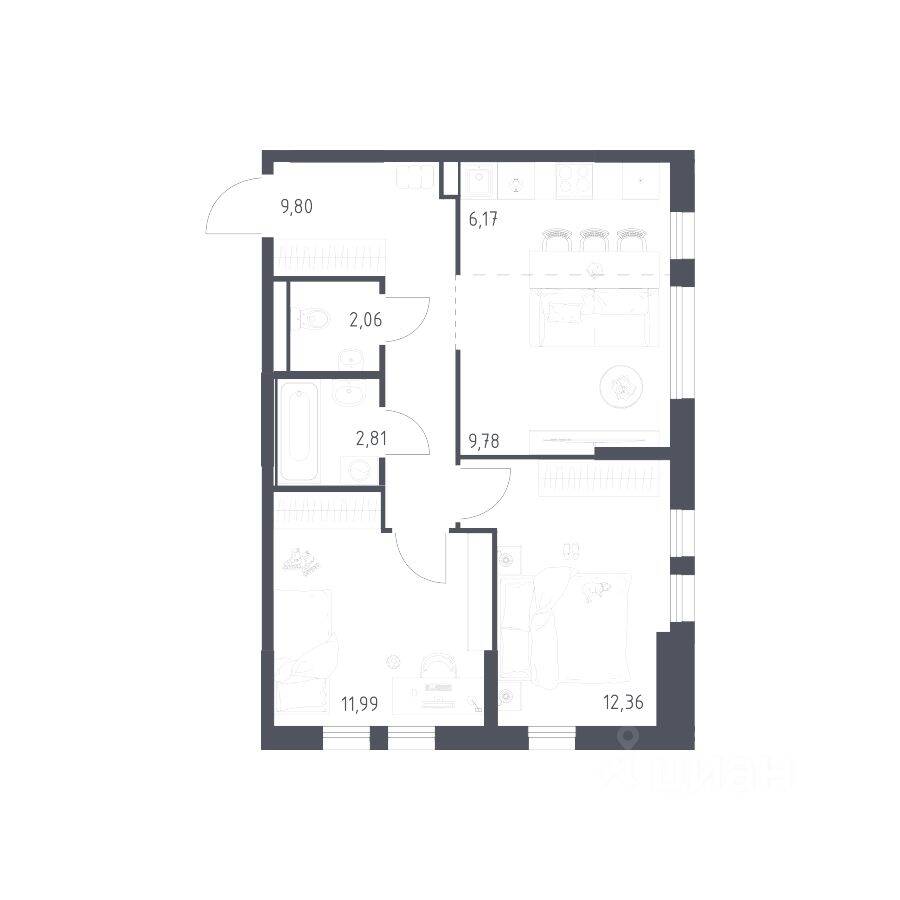 2-комн. квартира, 54,97 м², в ЖК «Остафьево»