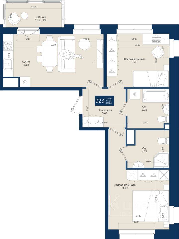 2-комн. квартира, 58,83 м², в ЖК «Новатория»