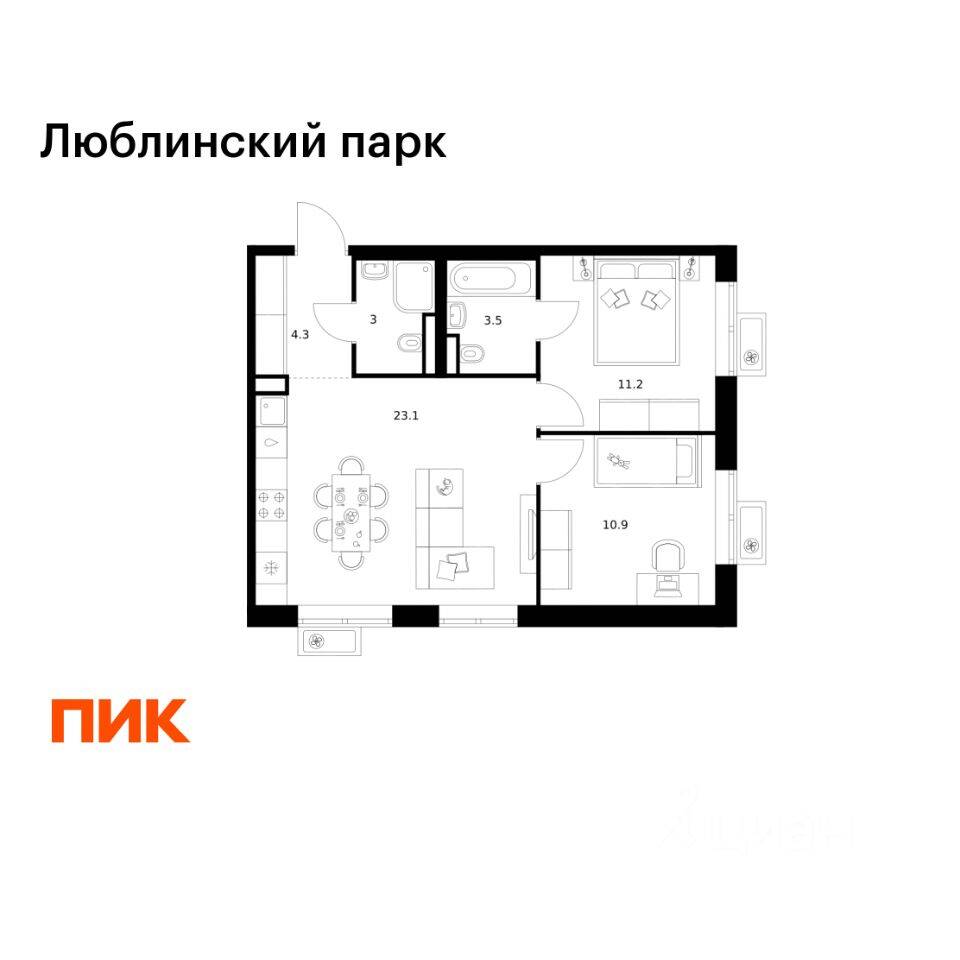 2-комн. квартира, 56 м², в ЖК «Люблинский парк»