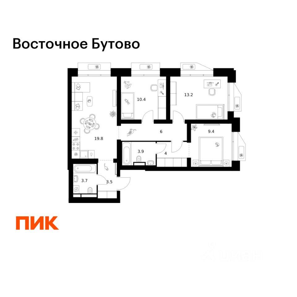 3-комн. квартира, 73,9 м², в ЖК «Восточное Бутово»