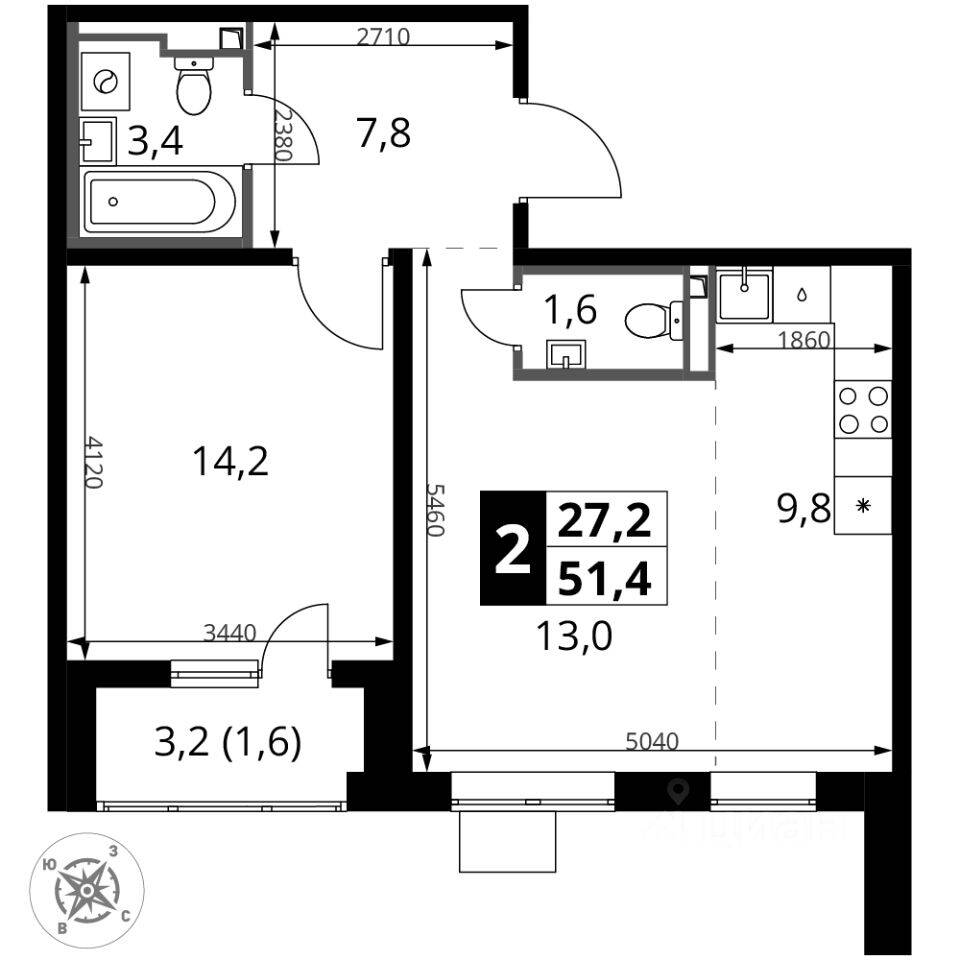 2-комн. квартира, 51,4 м², в ЖК 1-й Донской