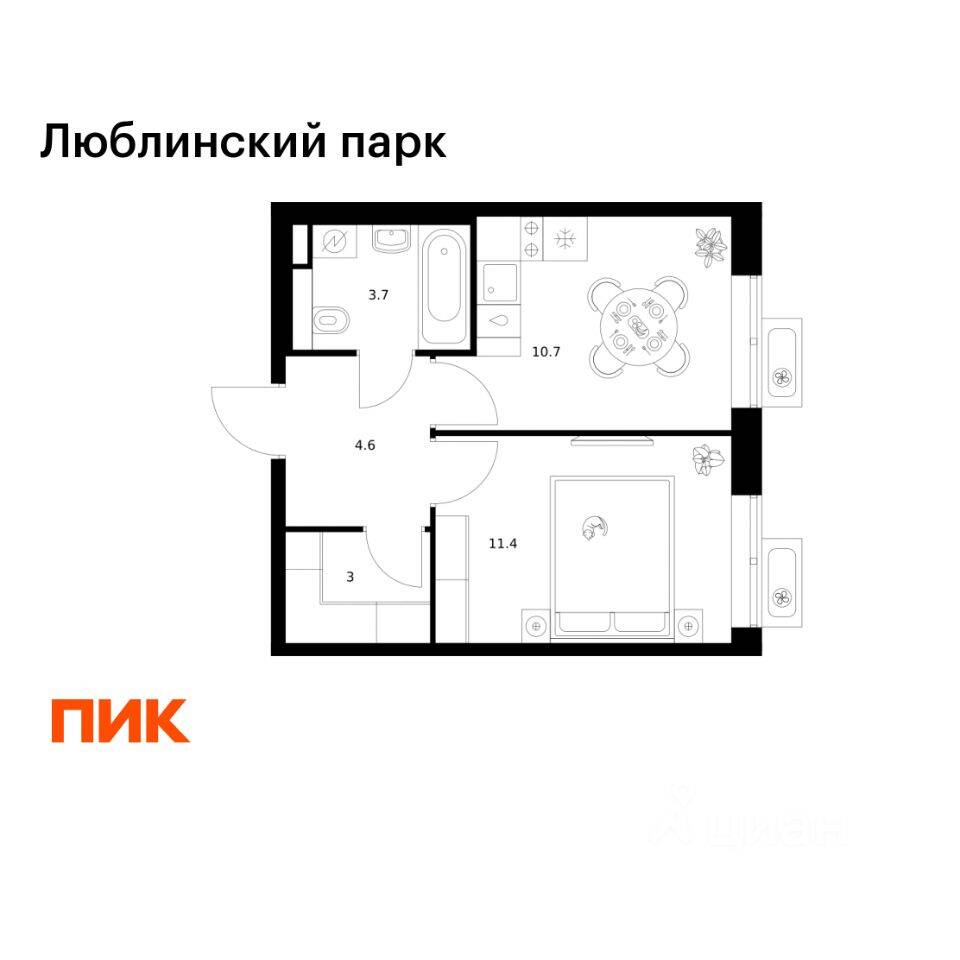 1-комн. квартира, 33,4 м², в ЖК «Люблинский парк»
