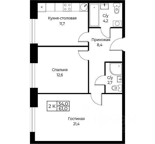 2-комн. квартира, 61 м², в Апарт-комплекс Aist Residence