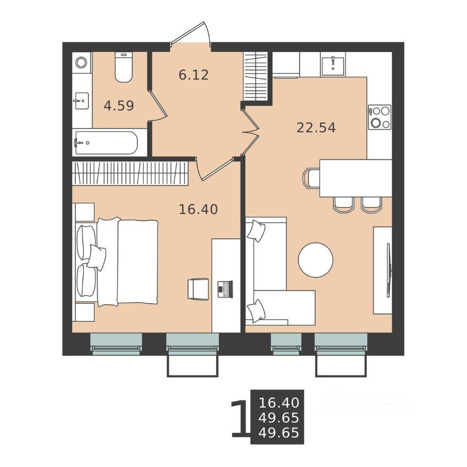 1-комн. квартира, 49,65 м², в ЖК Мишино-2