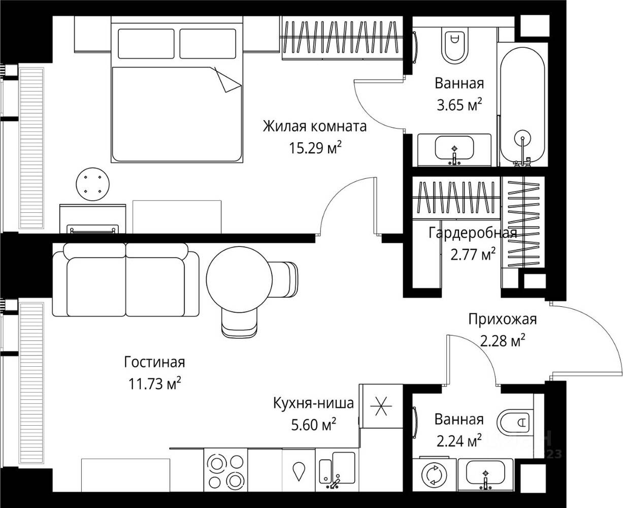 1-комн. квартира, 43,56 м², в ЖК Veer