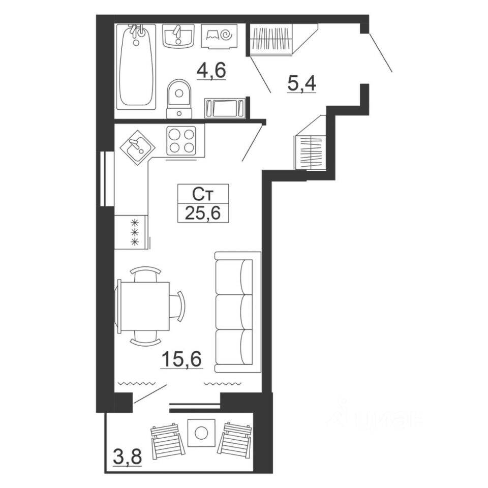 Квартира-студия, 25,6 м², в ЖК Рубеж