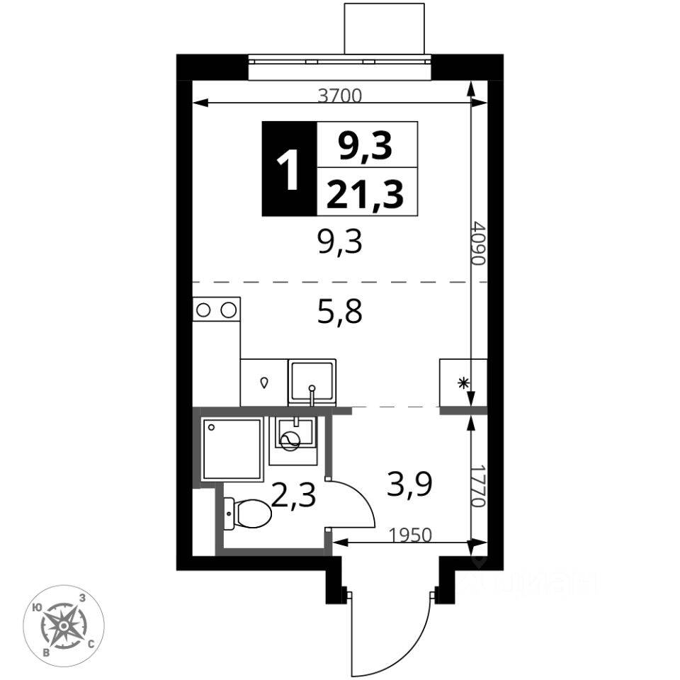 Планировка 1 комнатной квартиры, 21.3 м², в «1-й Донской»