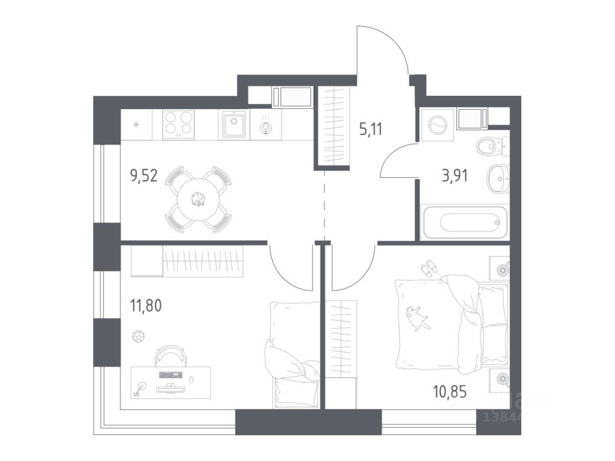 2-комн. квартира, 41,19 м², в ЖК Цветочные поляны Экопарк