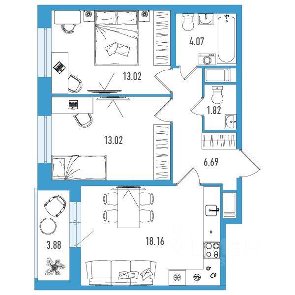 Планировка 2 комнатной квартиры, 58.72 м², в «Искра Сити»