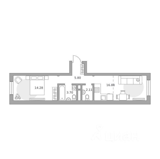 1-комн. квартира, 42,77 м², в Малоэтажный ЖК Живописный