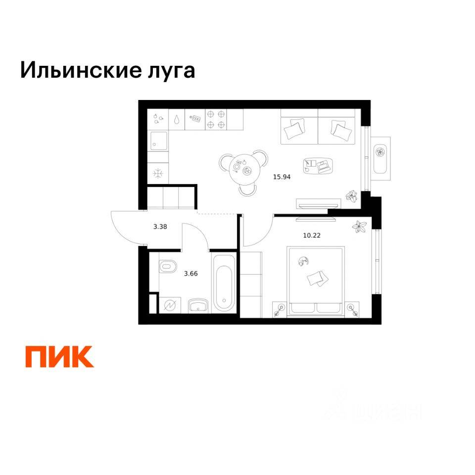 1-комн. квартира, 33,2 м², в ЖК «Ильинские луга»